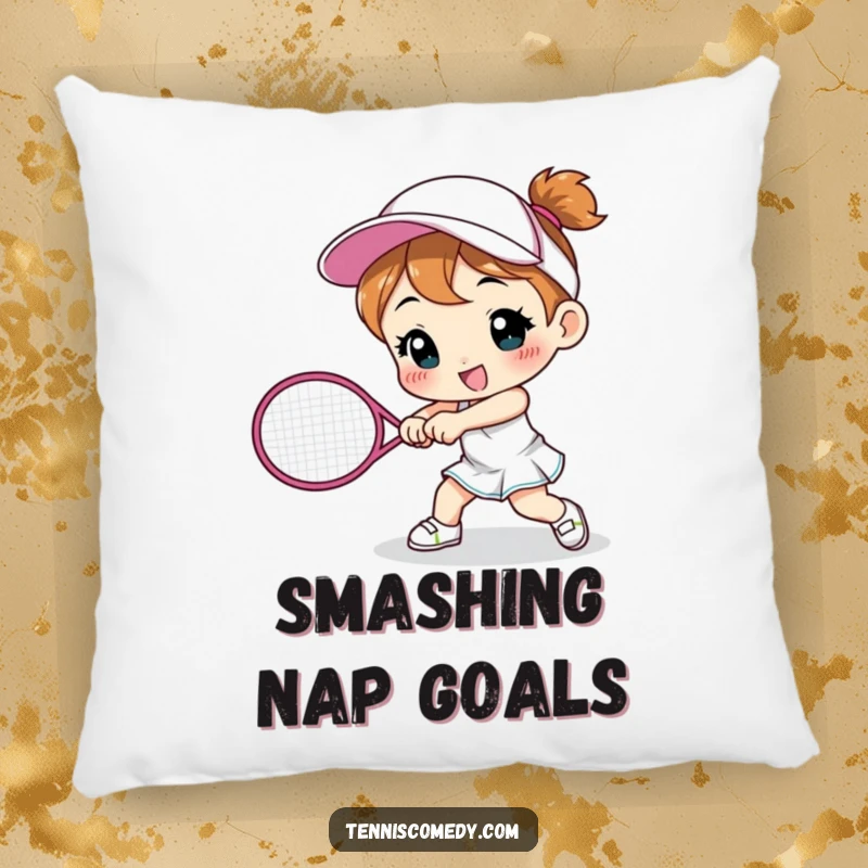 Funny cute character pillow smashing a tennis racket, soft accent decor, humorous sports theme, great funny gift.