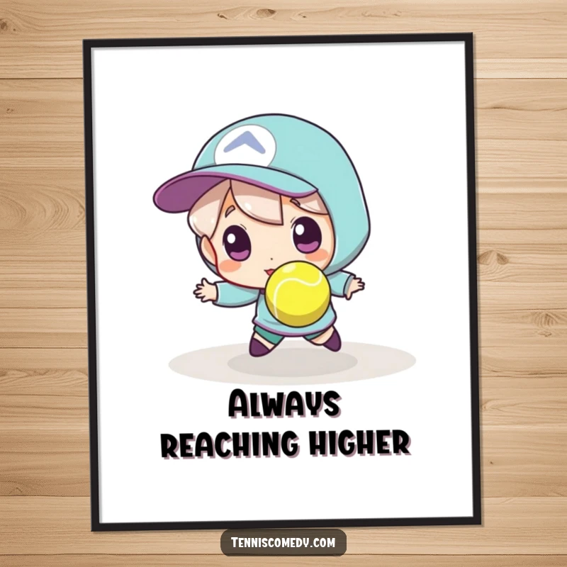 Funny tennis digital art print, high-resolution download, character in action trying to catch a tiny, fast tennis ball, energetic.