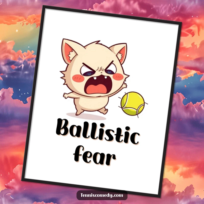 Funny digital art print of a scared Staffordshire recoiling dramatically from a fast tennis ball, ideal for humorous decor.