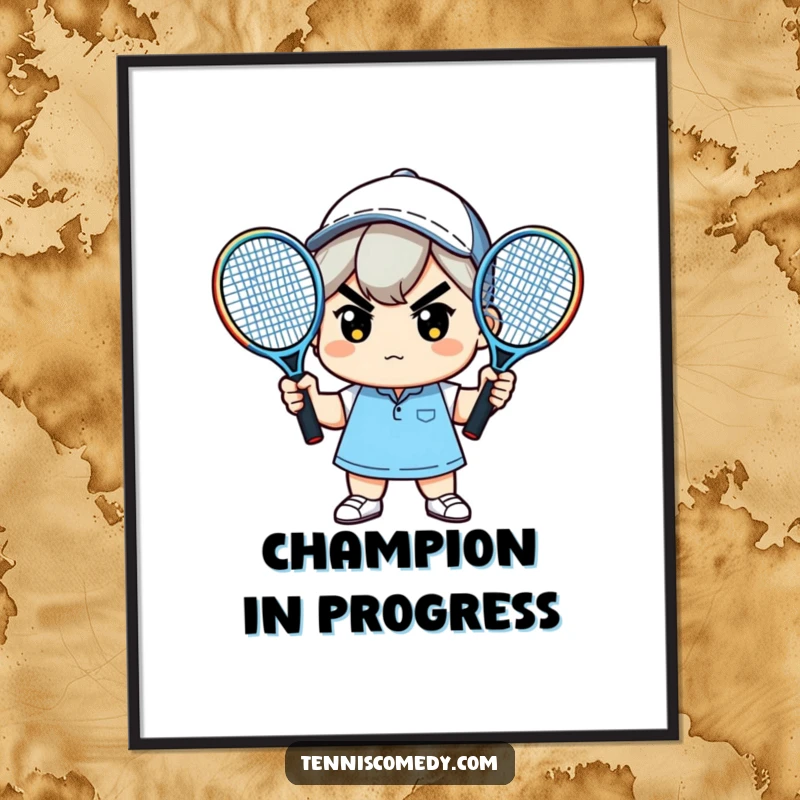 Funny digital art print of a determined kawaii character holding two tennis rackets, ready to bring humor to any space.