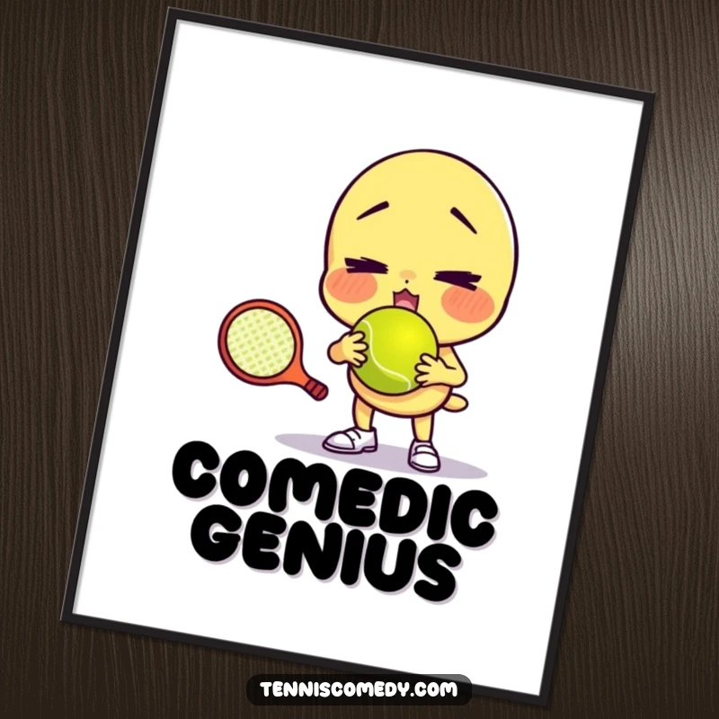 Funny digital art print of a character comically failing to serve a tennis ball with a funny face, offering instant humorous decor and as a gift.