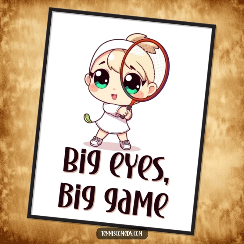 Funny digital art print: character with large, expressive eyes energetically swinging a tennis racket. High-res, humorous.