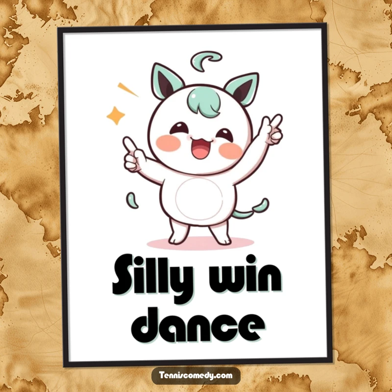 Funny Kawaii character digital art print showing a character comically celebrating a point with a silly dance, ideal for decor.