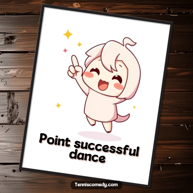 Funny cute character digital art print, captured mid-happy dance celebrating a point, radiating pure joyous energy.