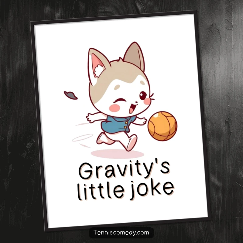 Funny digital art print capturing a cute character comically tripping while chasing a fast ball, delivering instant humorous visual appeal.