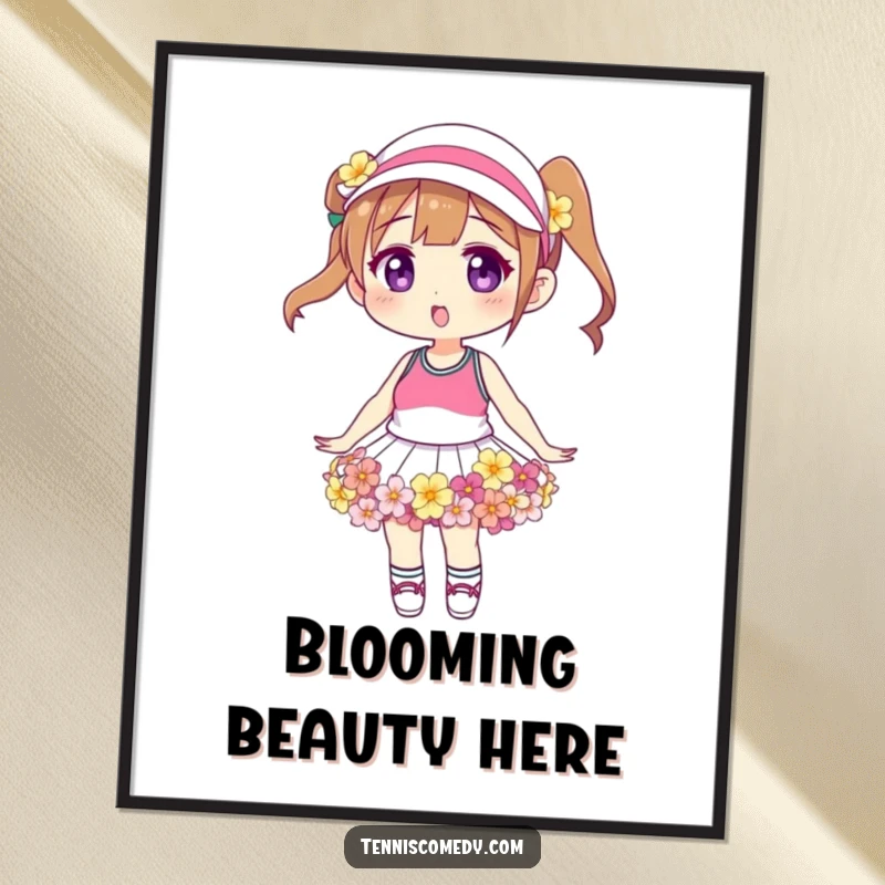 Funny floral tennis skirt digital art print, high-resolution download, character in a skirt made of flowers, whimsical and artistic.