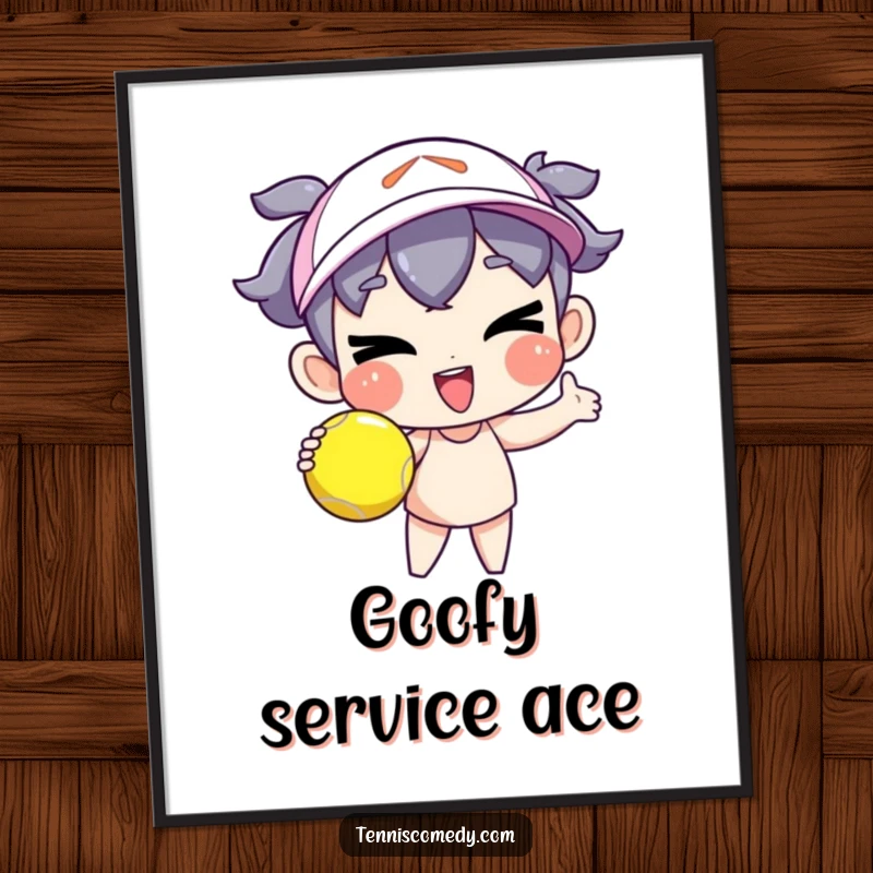 Funny cartoon character digital art print serving a tennis ball with a goofy wink, sports humor decor, instant download funny gift.