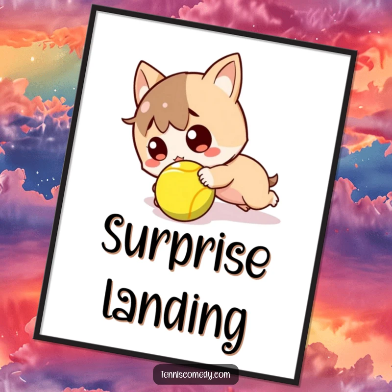 Funny downloadable digital art of a kawaii tennis character tripping over a tennis ball, looking comically surprised.