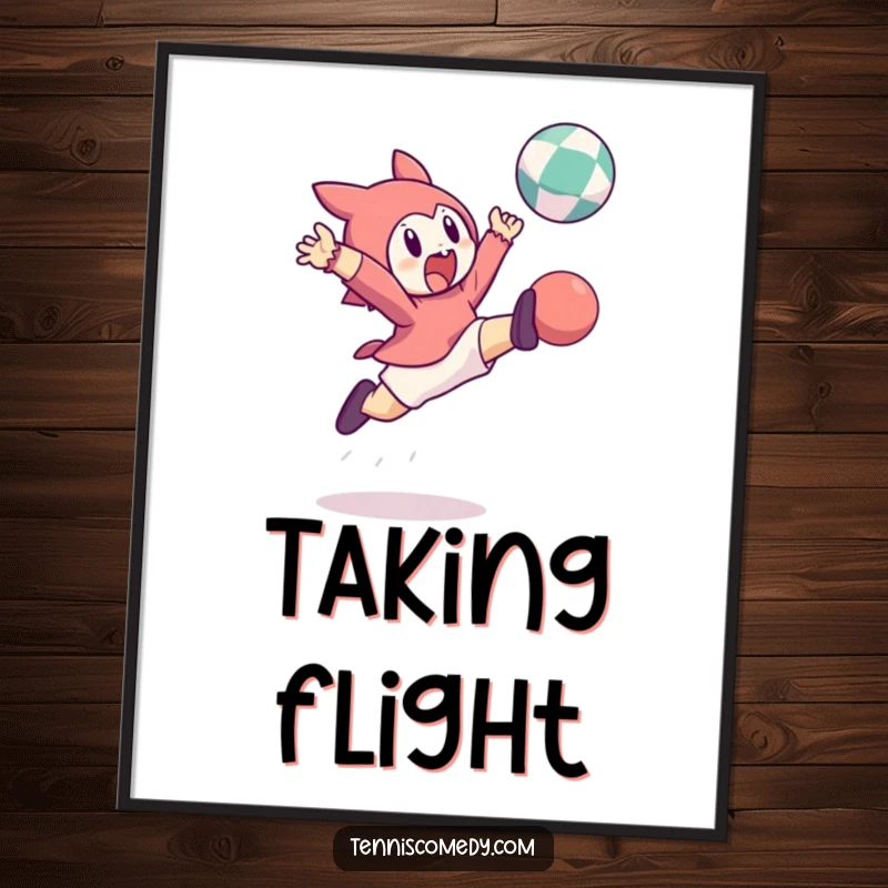 Funny digital art print: character leaping high in the air to strike a bouncing ball. High-res, humorous.