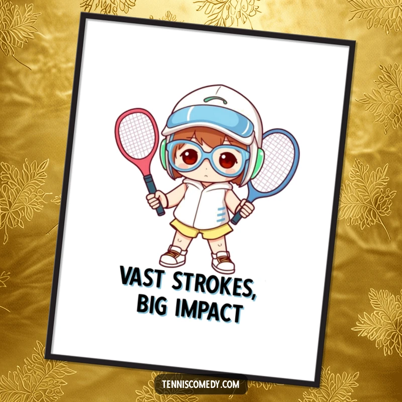 Funny digital art print of a character in oversized tennis equipment, striking a comical and memorable pose.