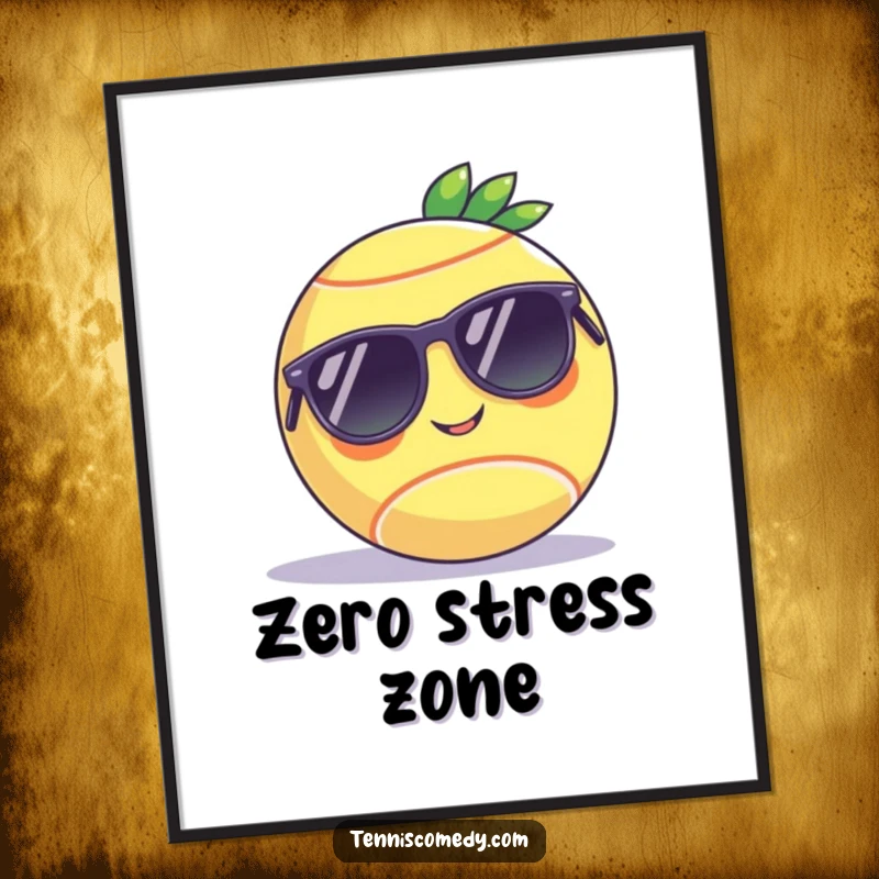 Funny digital art print of a tennis ball wearing sunglasses, chilling on a court, offering instant humorous decor and as a gift.