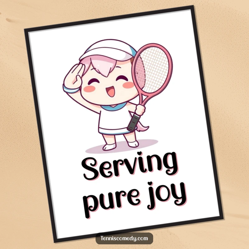 Funny Digital Art Print of a beaming Kawaii character saluting with a tennis racket, celebrating sports and fun.