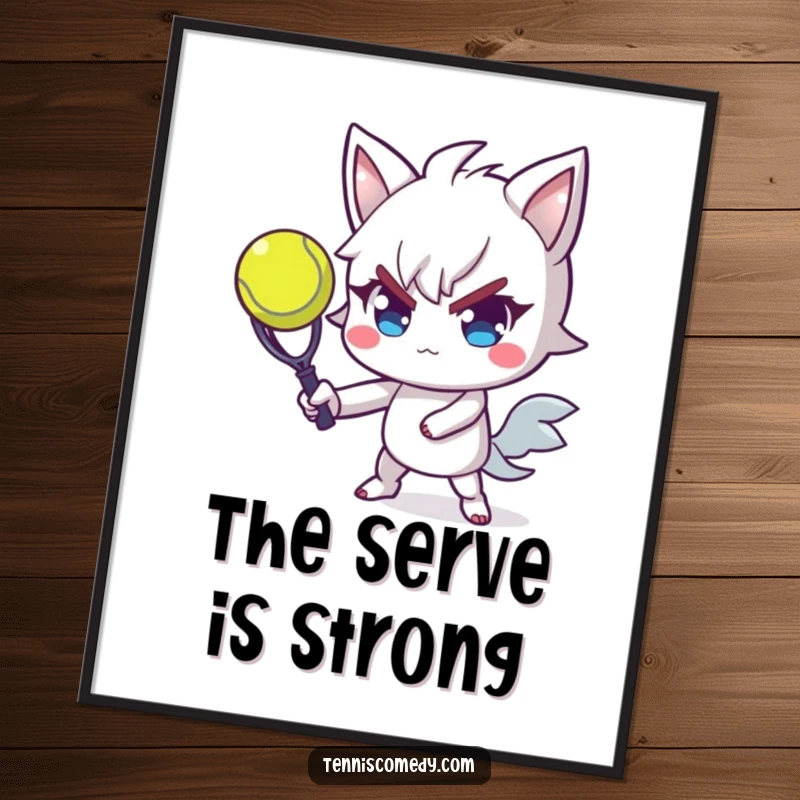 Funny tennis digital art print of a determined character masterfully serving a tennis ball with flair, capturing athletic spirit and humor.