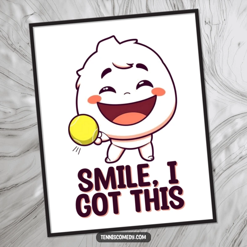 Funny digital art print of a character with a playful smirk, hitting a tennis ball towards a giant smile, perfect for humorous wall art.