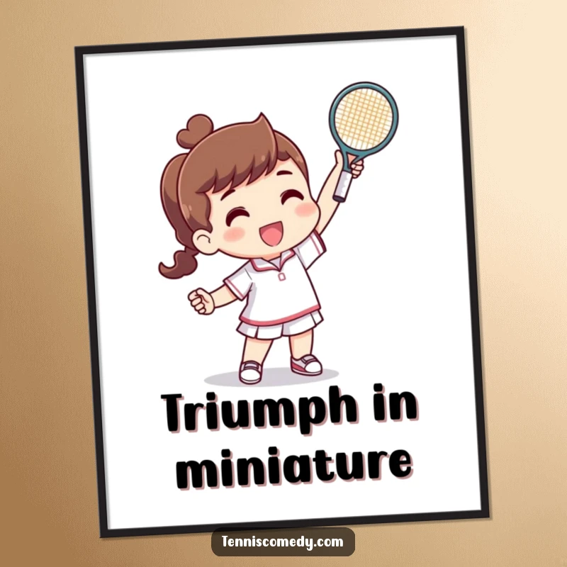 Funny digital art print of a character triumphantly raising a tiny tennis racquet after a successful point, perfect for humorous wall art.