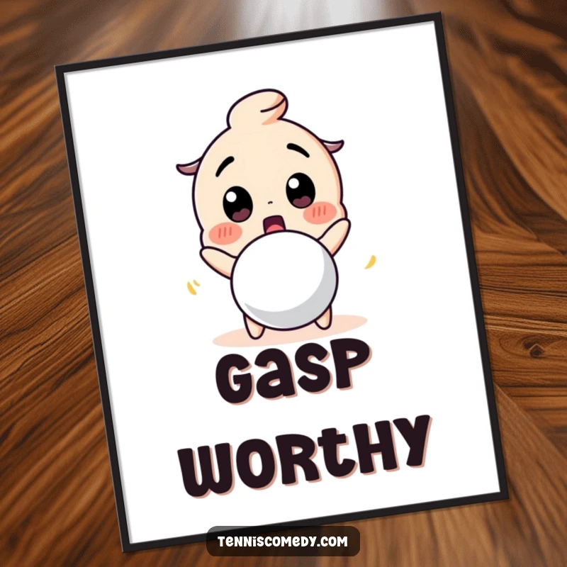 Funny digital art print of a cute character making a surprised face at a bouncing tennis ball. Humorous wall decor.