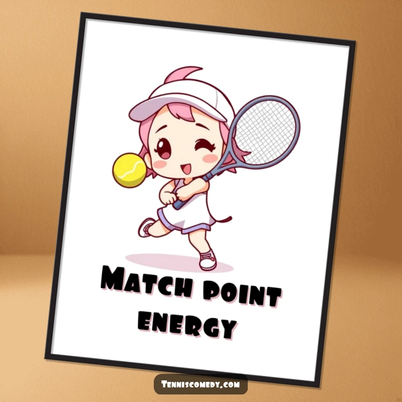 Funny tennis player digital art print of a character in a dynamic pose, racket poised to hit a tennis ball, for instant humorous decor.