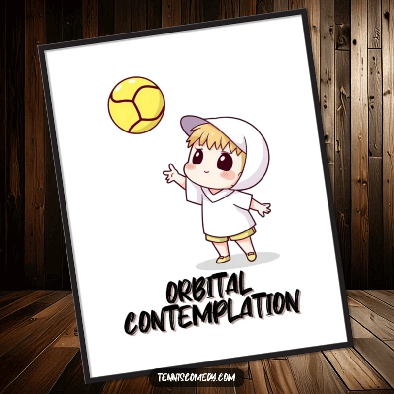 Funny digital art print of a cartoon tennis player tossing a tennis ball high and watching its spin. Instant downloadable sports art.