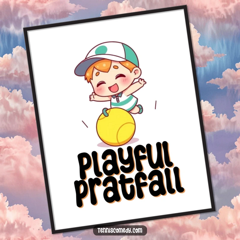 Funny cartoon character digital art print tripping over a tennis ball, sports humor decor, instant download funny gift.