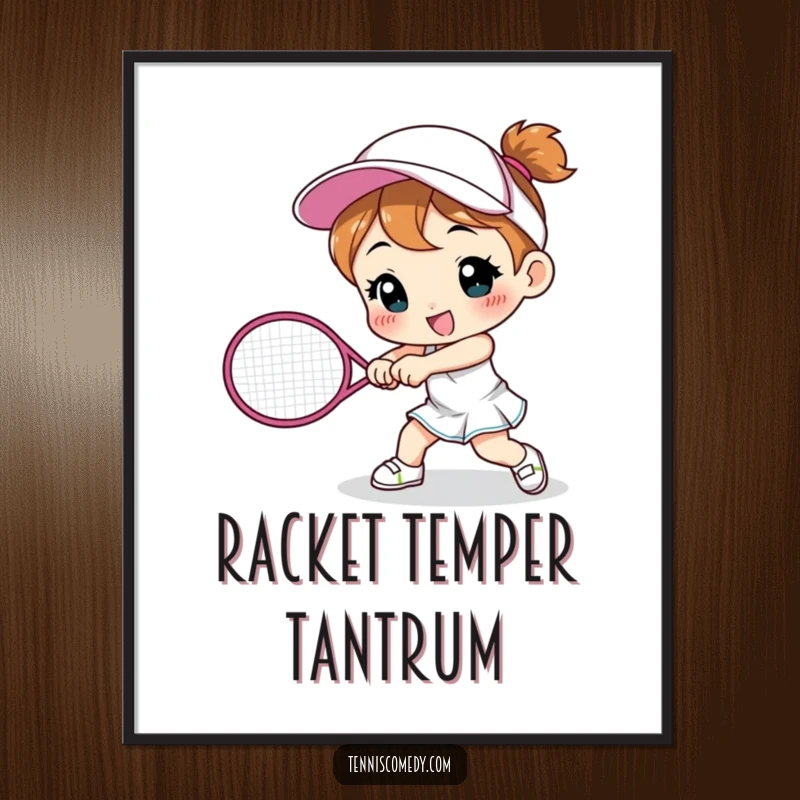 Funny cute character digital art print smashing a tennis racket, sports humor decor, instant download funny gift.