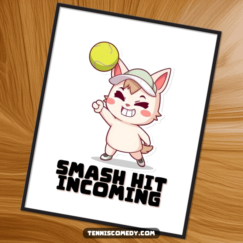 Funny digital art print of a cartoon tennis player with a determined grin powerfully serving a tennis ball. Instant downloadable sports art.