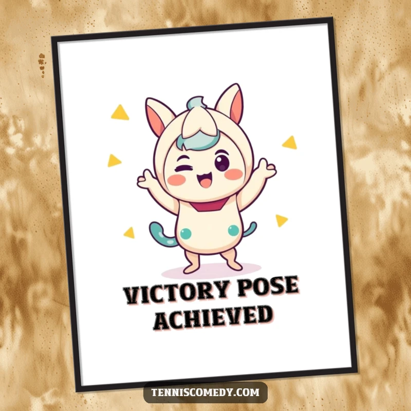 Funny digital art print depicting a whimsical kawaii character in a dynamic, hilarious victory dance, full of positive energy.