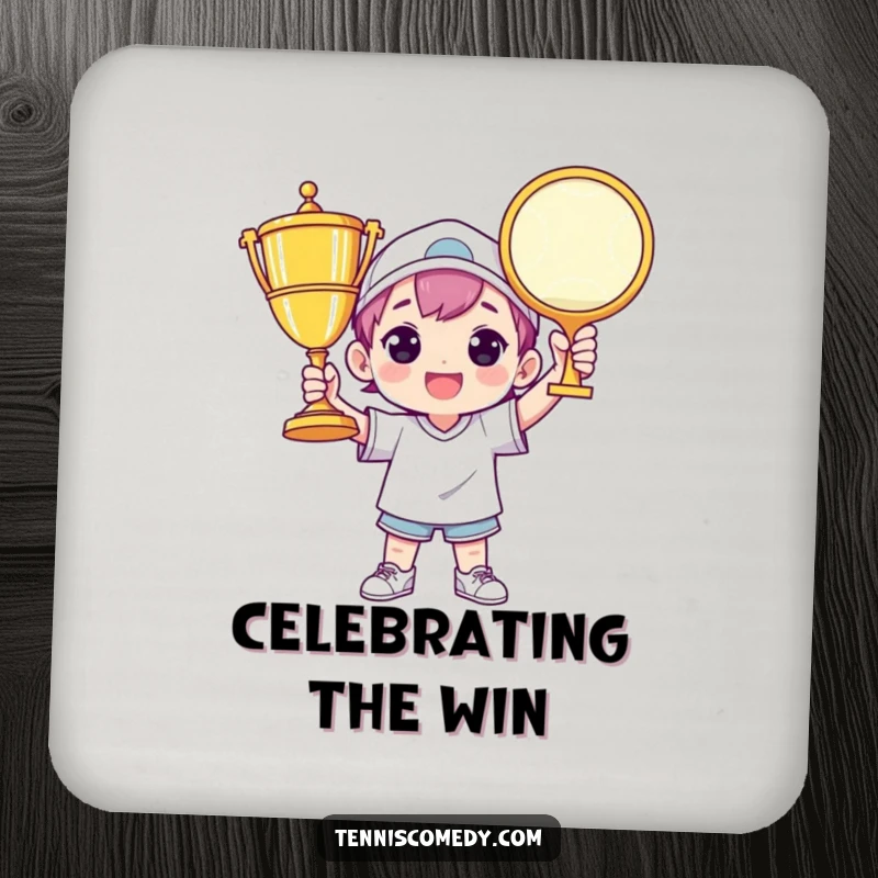 Funny tennis coaster depicting a character triumphantly holding a giant tennis trophy, protecting surfaces with a winning flair.