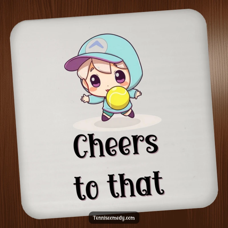 Funny tennis coasters, set of four, showing a player mid-action trying to catch a tiny, fast tennis ball, great for parties.