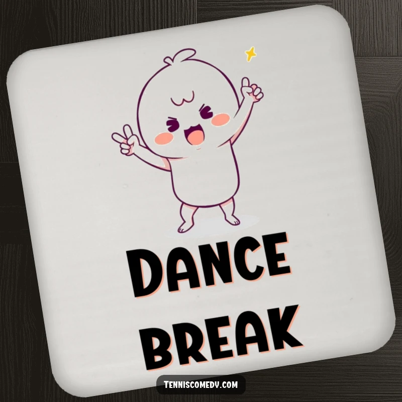 Funny drink coaster with a kawaii tennis player doing a silly victory dance, protecting surfaces with flair.