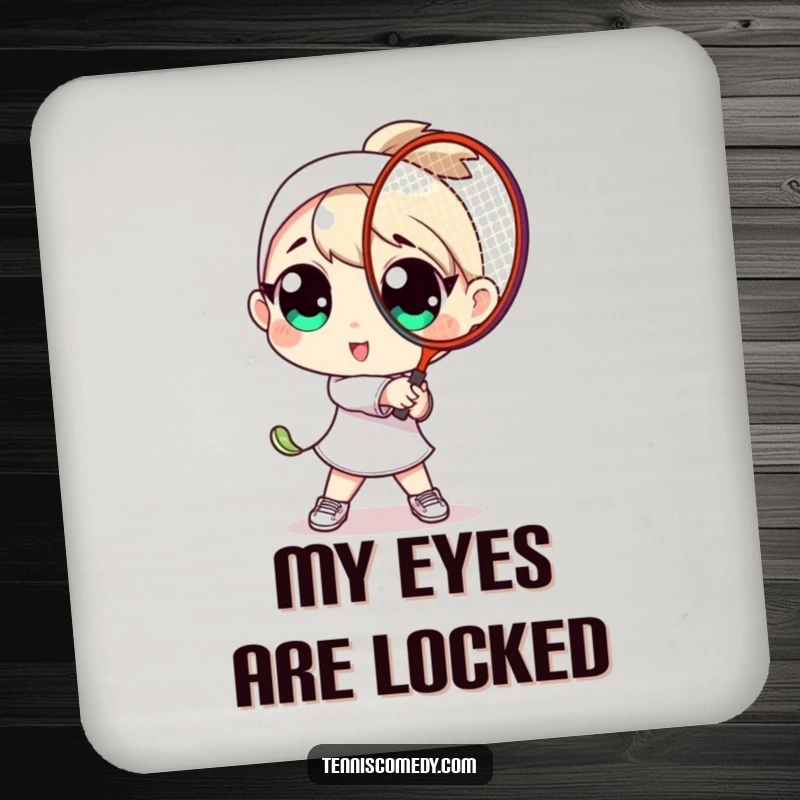 Funny coaster design: character with oversized eyes playfully swinging a tennis racket. Protects surfaces with sportiness and humor.