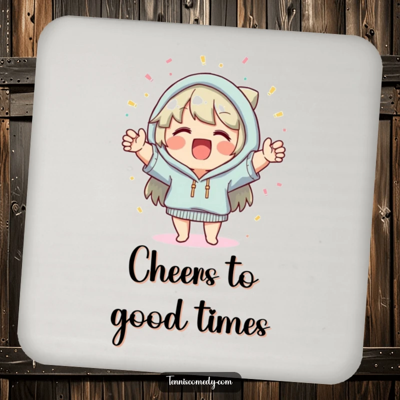 Funny drink coaster, cheerful character, confetti falling, festive decor, protective, perfect for tables, celebration accessory.