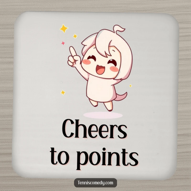 Funny cute character coaster, doing a happy dance to celebrate a point, perfect for protecting surfaces.
