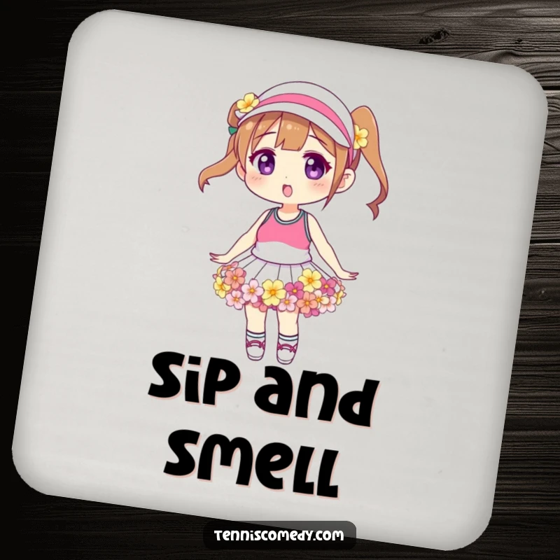 Funny floral tennis skirt coasters, set of four, depicting a character wearing a skirt made of flowers, perfect for entertaining.