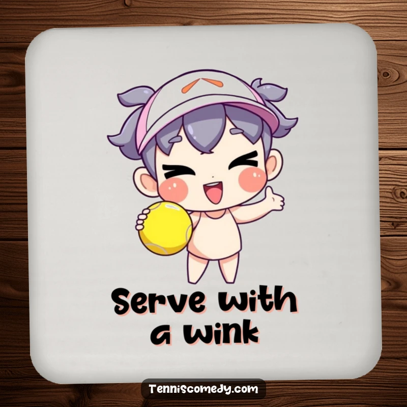Funny cartoon character drink coaster serving a tennis ball with a goofy wink, humorous table protection, great for parties, ideal funny gift.