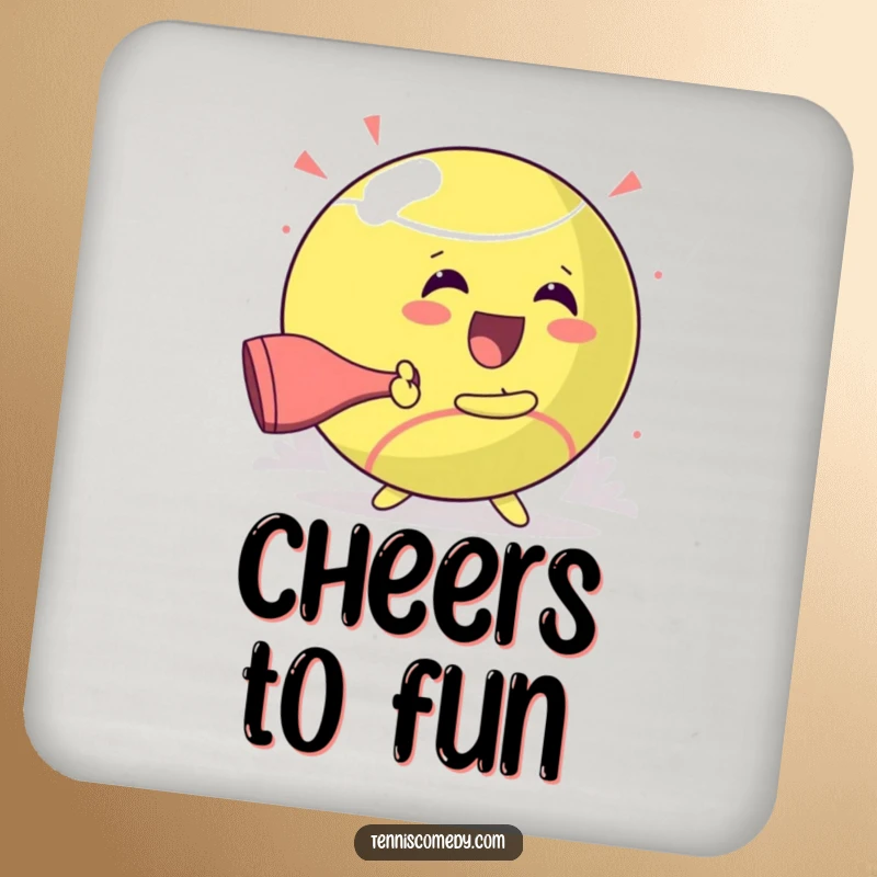 Funny drink coaster with a kawaii character gleefully hitting a giant tennis ball, protecting surfaces with a smile.
