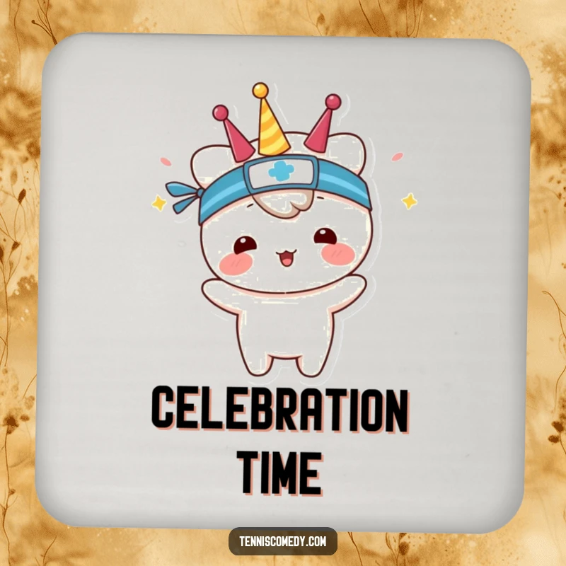 Funny drink coaster with a kawaii tennis player in a sweatband, celebrating protection with sporty style.