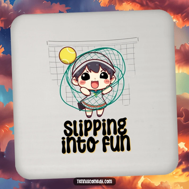 Funny tennis coaster depicting a character comically entangled in a tennis net, protecting surfaces with a laugh.