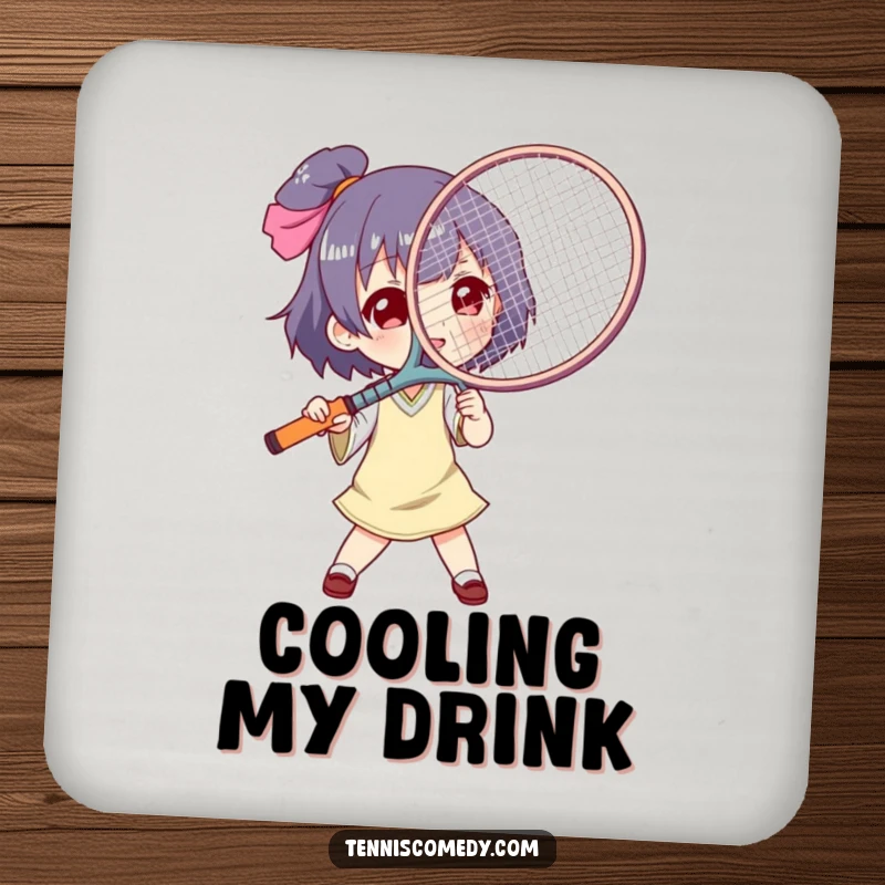 Funny tennis racket fan coasters, set of four, depicting a character using a tennis racket as a giant fan, perfect for parties.