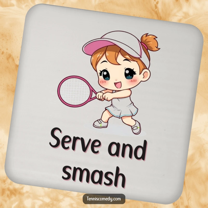 Funny cute character drink coaster smashing a tennis racket, humorous table protection, great for parties, ideal funny gift.