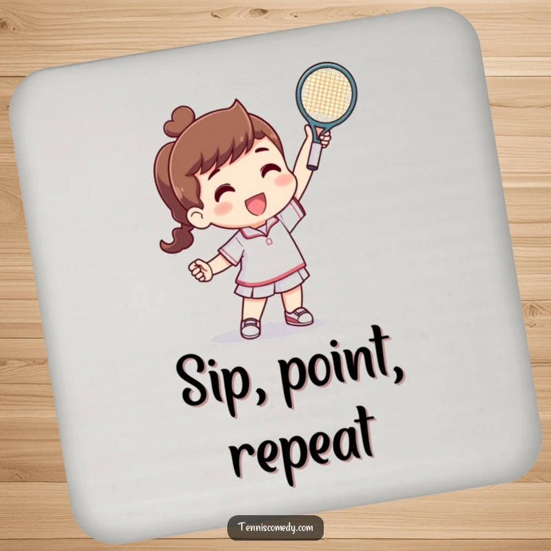 Funny drink coaster depicting a character triumphantly holding a tiny tennis racquet after a successful point, a humorous protective addition.