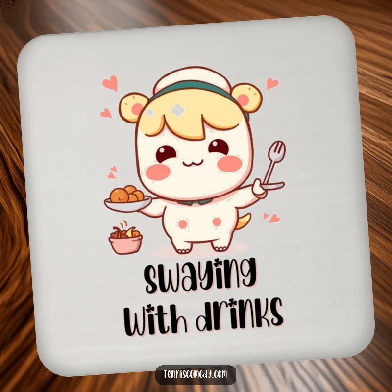 Funny Kawaii character coaster with a comical, wobbly serving motion, protecting surfaces with a touch of humor.