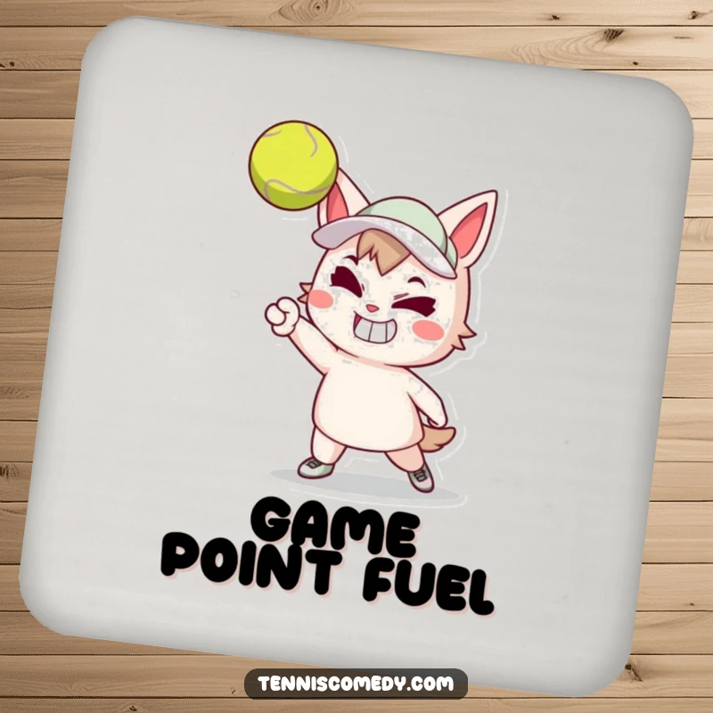 Funny coaster set showing a cartoon tennis player with a determined grin executing a powerful tennis serve. Humorous drink protection.