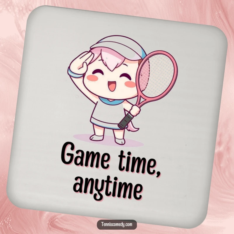 Funny Coaster featuring a beaming Kawaii character saluting with a tennis racket, a fun accessory for any drink.