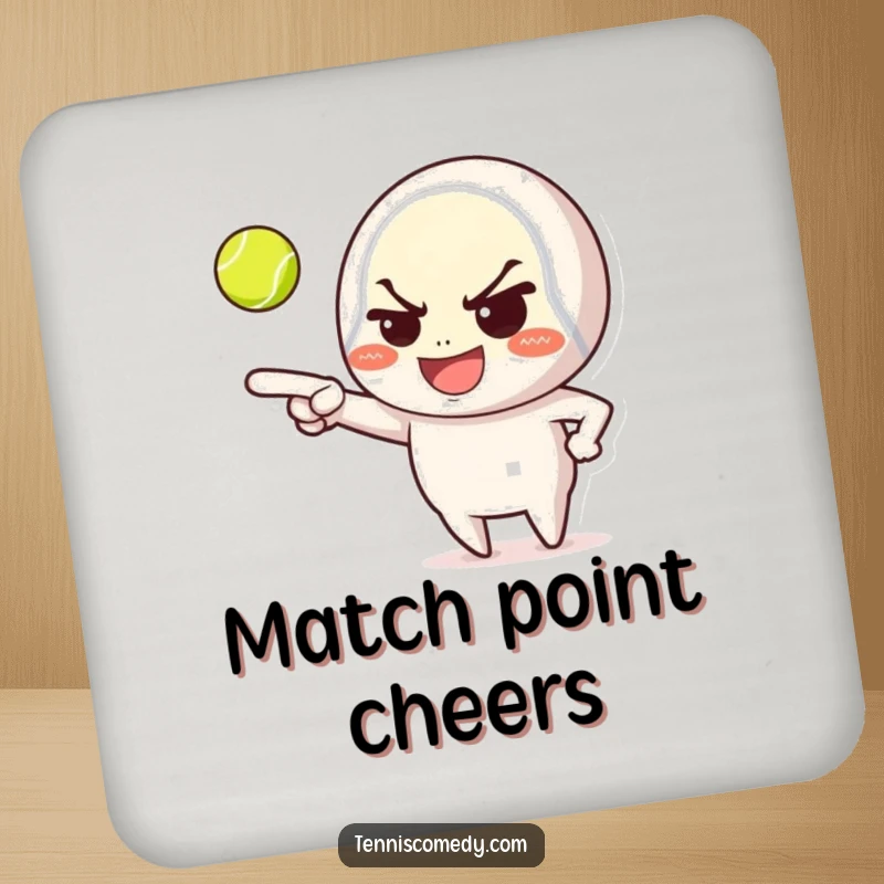 Funny drink coaster, character with mischievous grin pointing at tennis ball, protective, decorative, perfect for tables, playful.