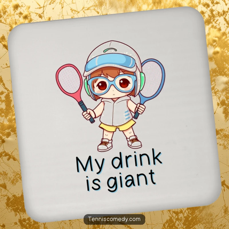 Funny drink coaster featuring a character in oversized tennis gear, striking a humorous pose.