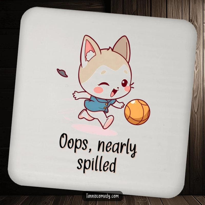 Funny drink coaster with a cute character hilariously tripping while chasing a ball, adding a humorous touch to any table.