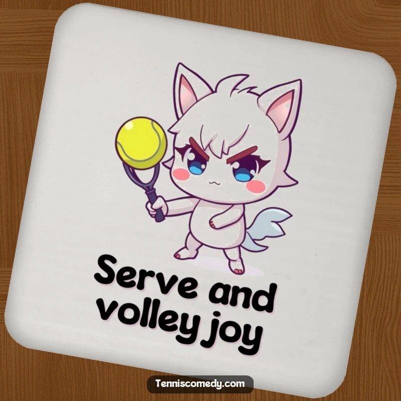 Funny tennis coaster featuring a determined character serving a tennis ball with flair, protecting surfaces with sporty humor.