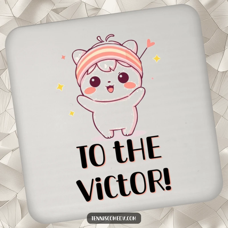 Funny Kawaii character drink coaster with a tiny sweatband, in a celebratory pose, perfect for protecting surfaces with cheer.