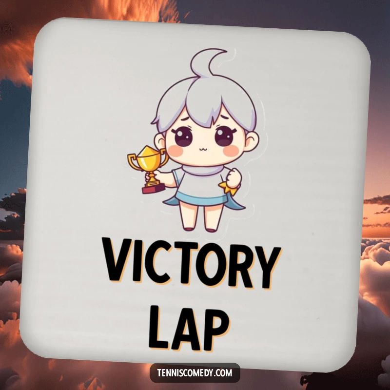 Funny drink coaster featuring a cute character holding a tiny trophy with pride. Humorous and protective accessory.