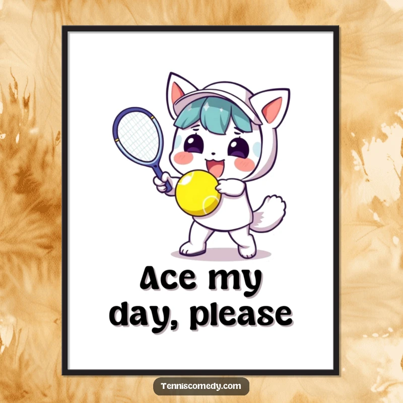 Funny Kawaii Tennis Poster: Energetic kawaii character mid-hit, capturing the dynamic and fun spirit of the game with vibrant colors.
